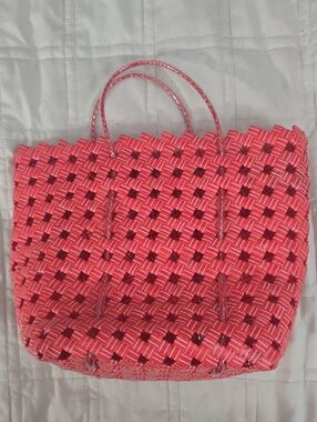 Handmade Mexican Woven Tote Bag Pink Red Basket Purse